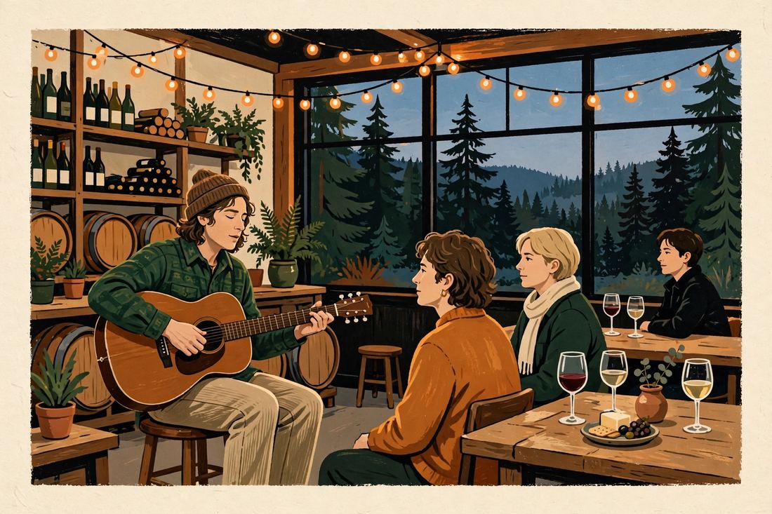 Illustration of a solo acoustic musician playing guitar for a small audience in a wood-beamed winery tasting room at dusk, evergreens outside the windows