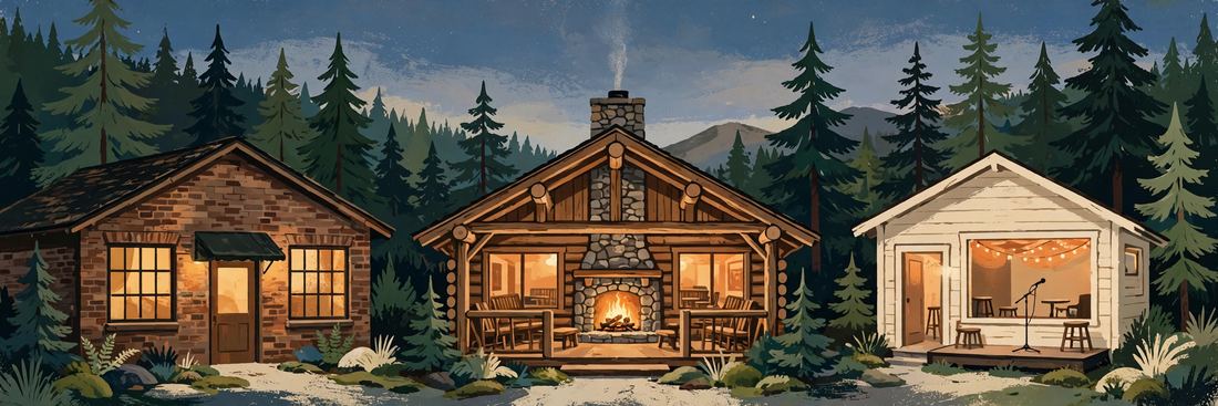 Illustration of three small Pacific Northwest venues at night among evergreens: a brick saloon, a log lodge with a fireplace, and a white coffee house with a tiny stage